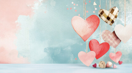 Romantic Valentine Day card with hanging paper hearts, pastel colors, and soft textures creating dreamy and heartfelt atmosphere