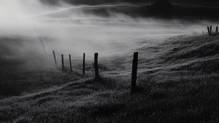 Mist drifting over a field at dawn with faint outlines of fences.