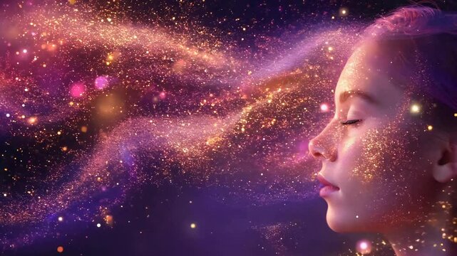 A girl with purple hair is surrounded by a purple and orange cloud of glitter. The glitter is falling on her face and neck, creating a dreamy and ethereal atmosphere