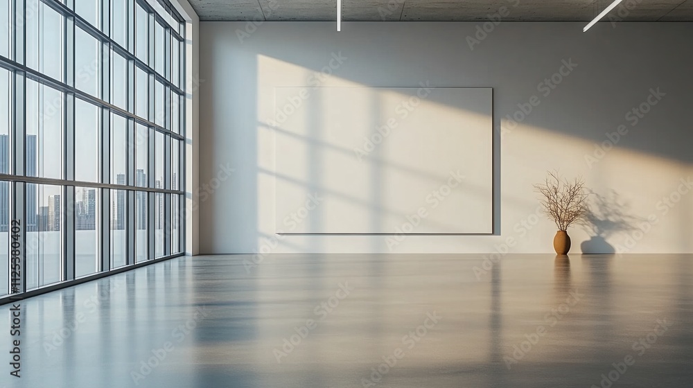 Poster bright and open office mockup featuring large windows and minimalistic decor in a modern workspace