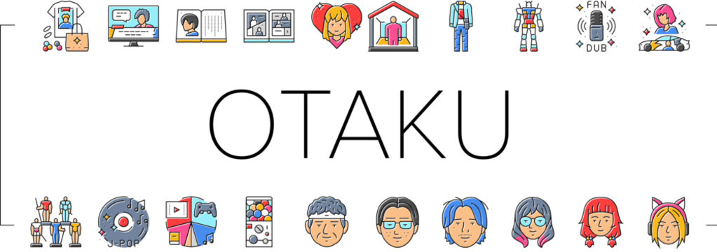 otaku anime manga eyes icons set vector. japanese, japan piece, one boy, asian concert, shirt cosplay, cheering cat, samurai otaku anime manga eyes color line illustrations