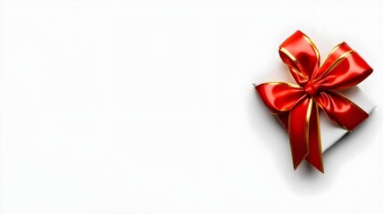 Beautifully Wrapped Gift Box with Red Satin Ribbon and Bow on a Clean Background Perfect for Celebrations, Holidays, and Special Occasions with Copy Space