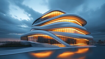 Modern, curved glass building at dusk.