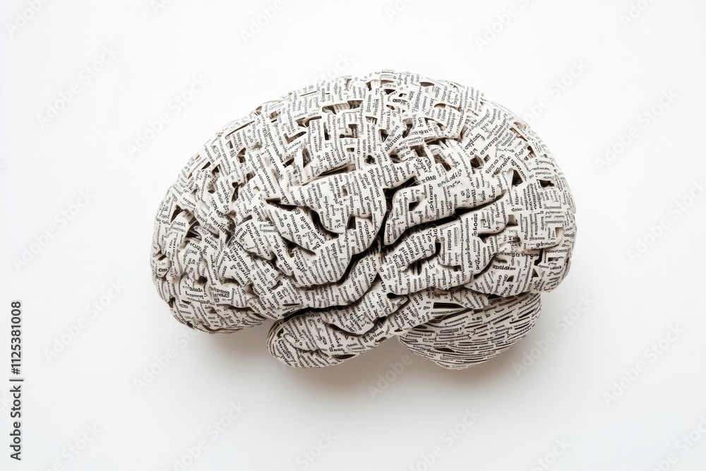 Poster a brain made of words highlights the bond between language and thought, leaving room for more text. 