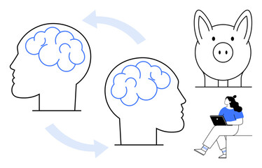 Human heads with connected brains and piggy bank symbolizing financial concepts, person working on laptop. Ideal for brain research, financial literacy, communication, education, technology