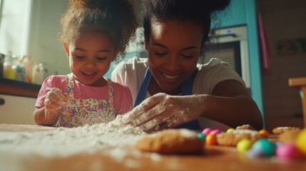 A mother and daughter bake cookies together, enjoying quality time in a bright, cozy kitchen. Flour flies as they create delicious treats.
