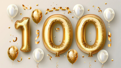 Golden balloon number 100 celebration with white and gold decorations