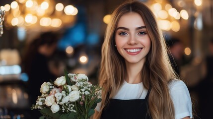 Obraz premium Woman with roses and baby breath bouquet. Flower shop service concept