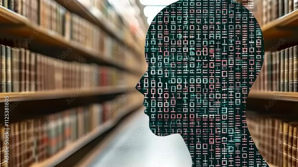 Poster a head with a computer chip on it is in front of a library. the head is surrounded by bookshelves, a