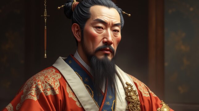 2)	A detailed photorealistic portrait of Emperor Jimmu, depicted in traditional Japanese attire, showcasing intricate patterns and vibrant colors, with a serene expression that reflects his historical