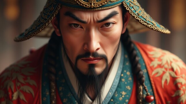 2)	A detailed photorealistic portrait of Emperor Jimmu, depicted in traditional Japanese attire, showcasing intricate patterns and vibrant colors, with a serene expression that reflects his historical
