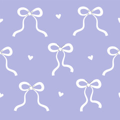 Ribbon Bows Seamless Pattern. Thin White  Bows with Hearts on Lilac Background. Valentine's Day backdrop.