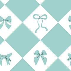 Diamond Pattern with Bows. Green and White Seamless Pattern. Monochrome Ornament.