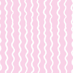 Wavy stripes seamless pattern. Hand drawn white lines on pink background. Brush texture ornament.