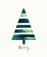 Fototapeta premium A simple, elegant Christmas card design featuring an abstract tree made of overlapping green and blue stripes on white paper with the word 