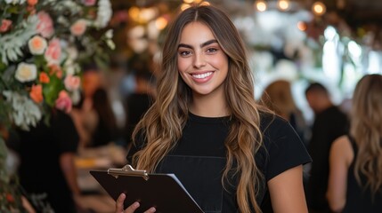 Event coordinator with clipboard among floral decorations. Hospitality management concept
