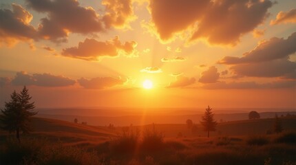 Fototapeta premium Oszałamiający fotorealistyczny obraz wschodzącego słońca nad spokojnym krajobrazem, rzucającego ciepłe złote promienie na horyzont, z miękkimi chmurami na niebie. Idealny do uchwycenia piękna świtu.