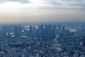 The Urban Tokyo Skyline in hazy atmosphere stretching over the cityscape