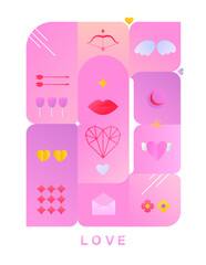 Minimalistic Valentine's Day poster with gradient symbols. Bright greeting background for the Valentine's Day.