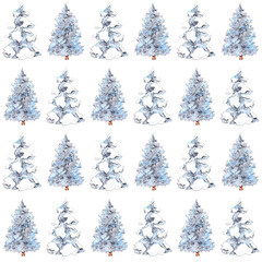 Snow-covered blue fir trees in a seamless delicate New Year pattern