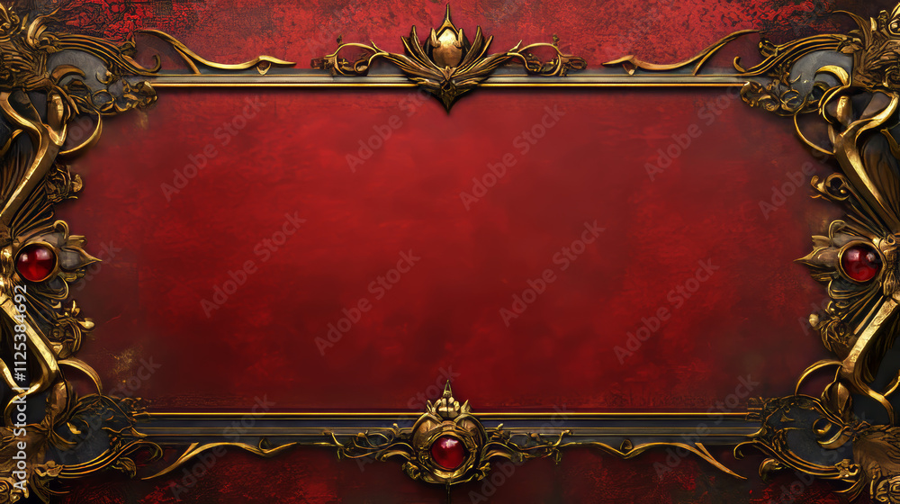 Poster gold medieval ui button frame for fantasy rpg game. metal title border element. red horizontal royal