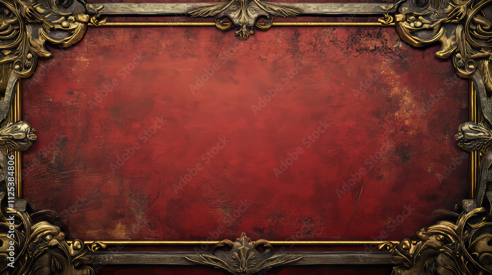 Poster gold medieval ui button frame for fantasy rpg game. metal title border element. red horizontal royal