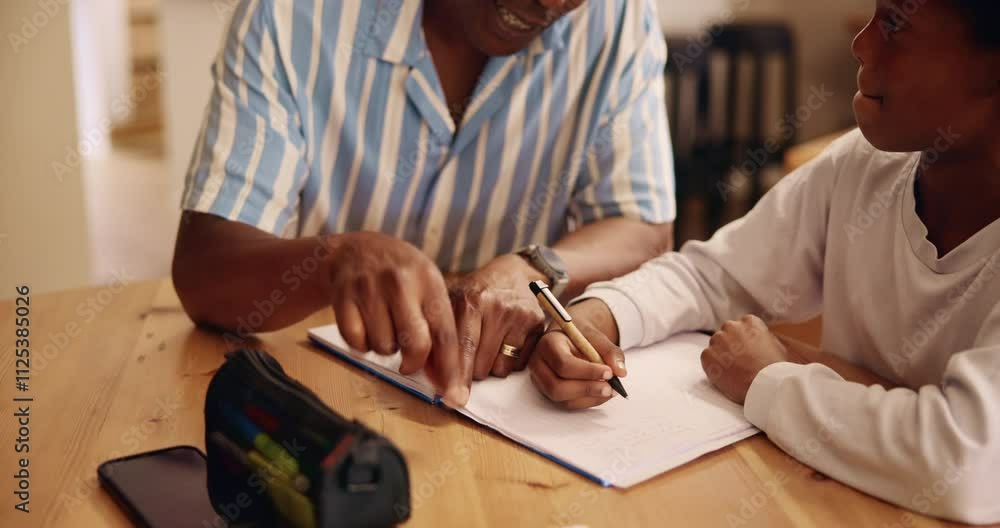 Poster dad, son and helping with homework in home for education, learning and support with care. black fami