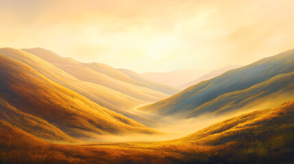 Obraz premium Misty autumn hills with soft morning sunlight casting a golden glow over the landscape
