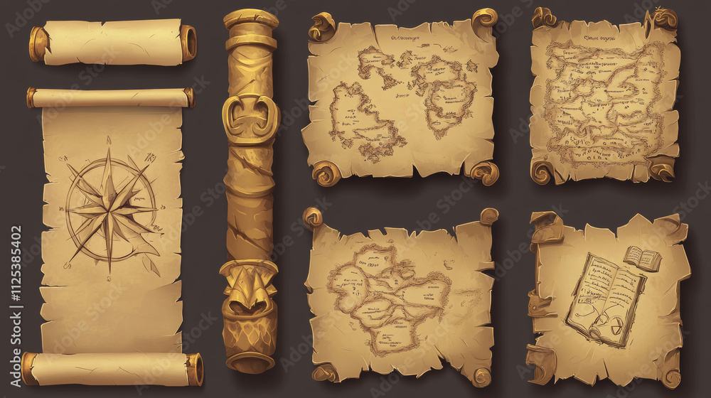 Poster magic game parchment scroll for old map with treasure. papyrus roll frame icon set. ancient wizard b
