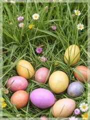 Fototapeta premium Colorful Easter eggs nestled in the grass of a meadow, cheerful