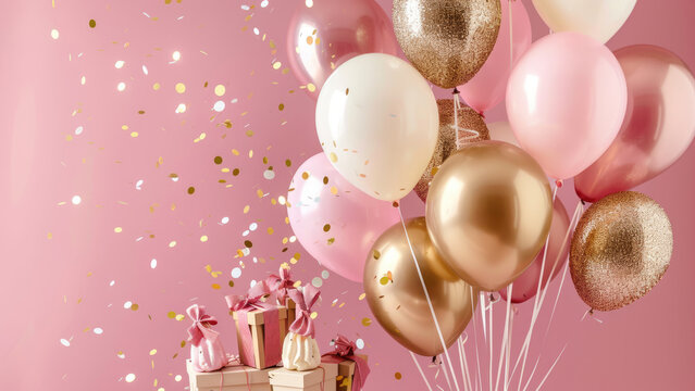 Pink And Gold Themed Birthday Party With Balloons And Gifts