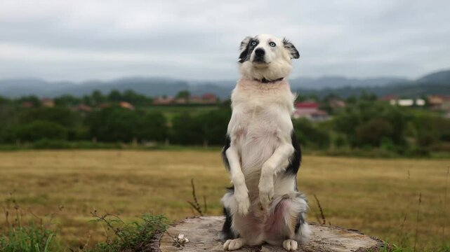 border collie sitting on its hind legs with the front legs up. Summer season. Background of dry grass in the meadow. Trained dog sitting on his hind legs.