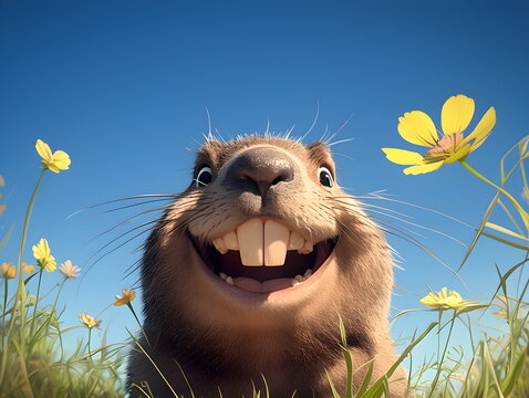 Happy Groundhog Day design with cute groundhog coming out of hole. Groundhog in spring meadow. Greeting card.