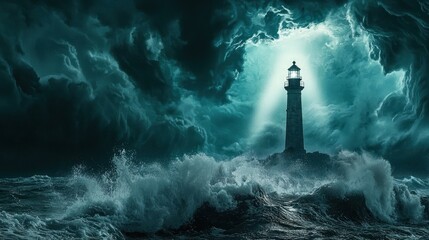 Dramatic lighthouse standing tall amidst stormy waves coastal area nature photography dark mood