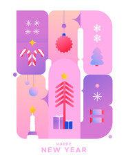 Minimalistic New Year poster with symbols of the new year. Bright greeting background for the New Year and Christmas.	