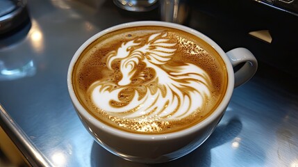 Close-up of a cappuccino with intricate latte art depicting a phoenix.