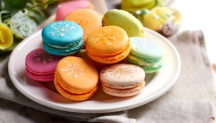 Fototapeta premium Colorful macarons with Easter designs on a white plate