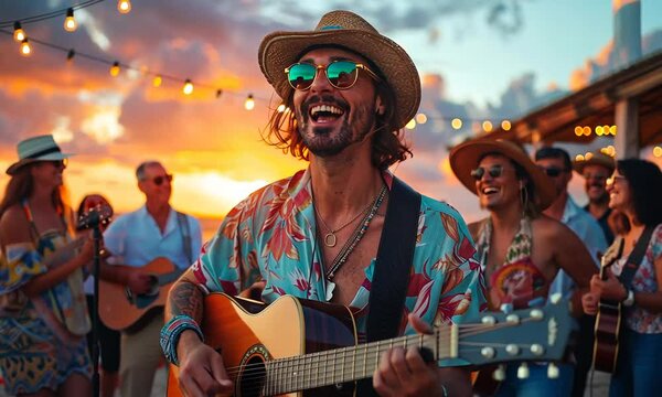 Happy man playing guitar at sunset beach party.