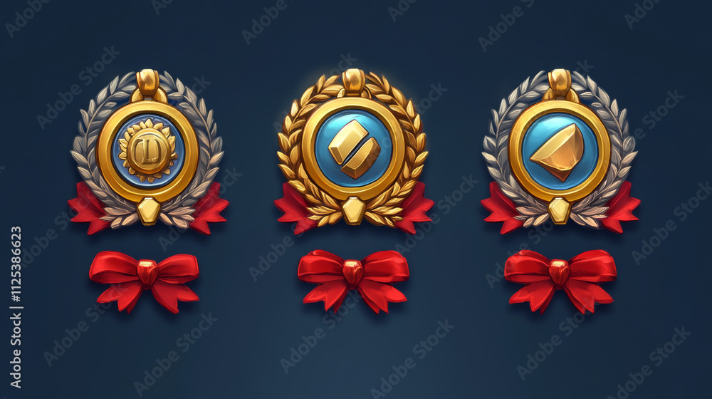 Poster gold badges with level number for game ui design. vector cartoon icons of golden medals with red rib
