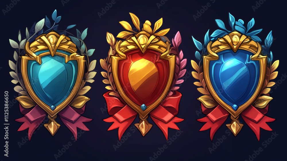 Poster gold badges with level number for game ui design. vector cartoon icons of golden medals with red rib