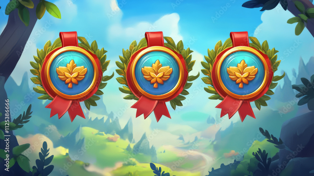 Aufkleber gold badges with level number for game ui design. vector cartoon icons of golden medals with red rib