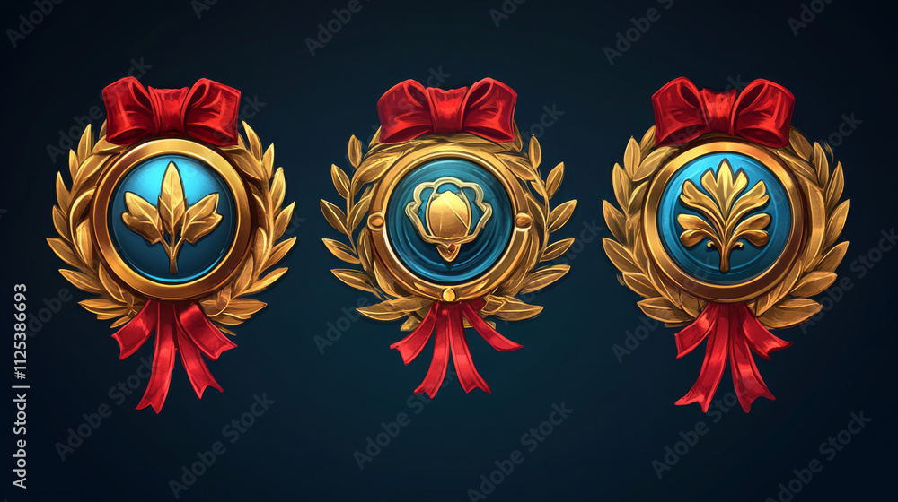 Poster gold badges with level number for game ui design. vector cartoon icons of golden medals with red rib