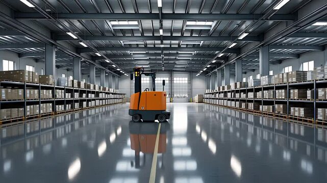 Modern Warehouse Interior with Automated Forklift and Fully Stocked Shelves Under Industrial Lighting

