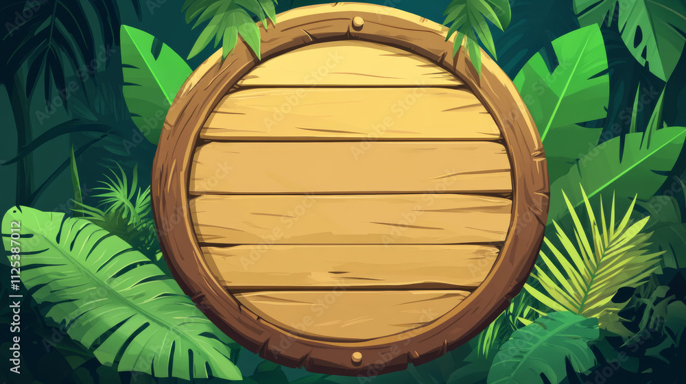 Poster wood jungle ui game sign board vector cartoon. forest wooden signboard frame template for text or bu