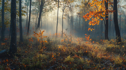 Obraz premium Misty dawn in an autumn forest with sunlight highlighting orange and yellow leaves