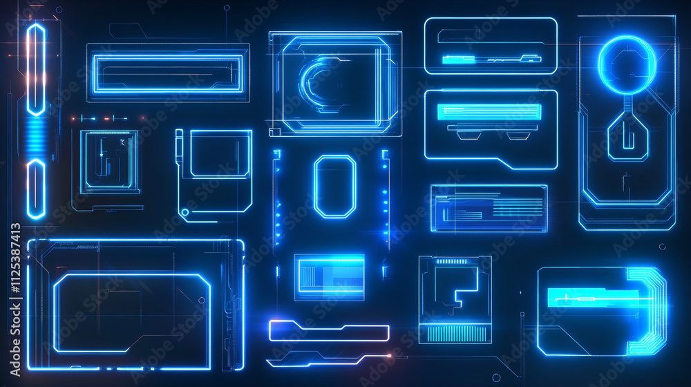 Poster decorative neon frames in different shapes with luminous blue glow on dark background. rectangular b