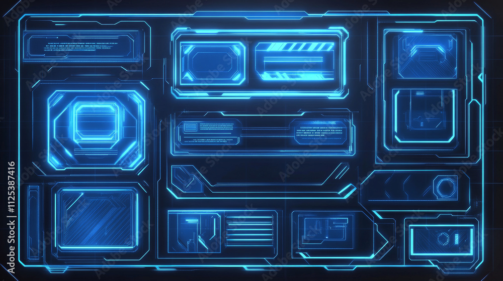 Poster decorative neon frames in different shapes with luminous blue glow on dark background. rectangular b