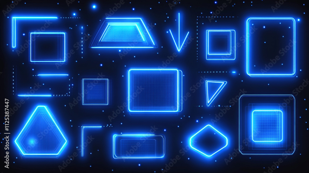 Poster decorative neon frames in different shapes with luminous blue glow on dark background. rectangular b