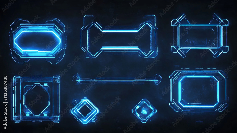 Poster decorative neon frames in different shapes with luminous blue glow on dark background. rectangular b