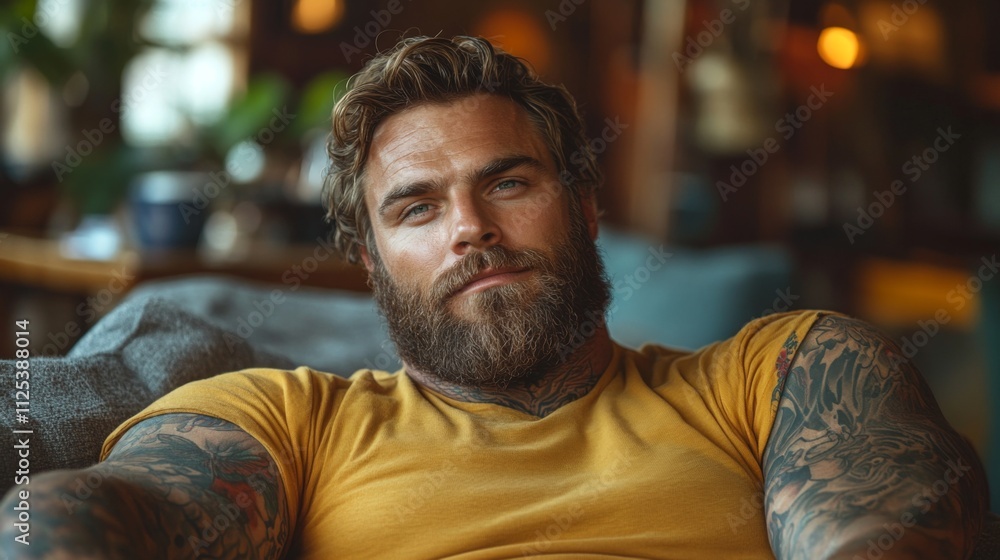 Poster a man with a thick beard and tattoos relaxes on a comfortable sofa in a warm, stylish room. soft lig